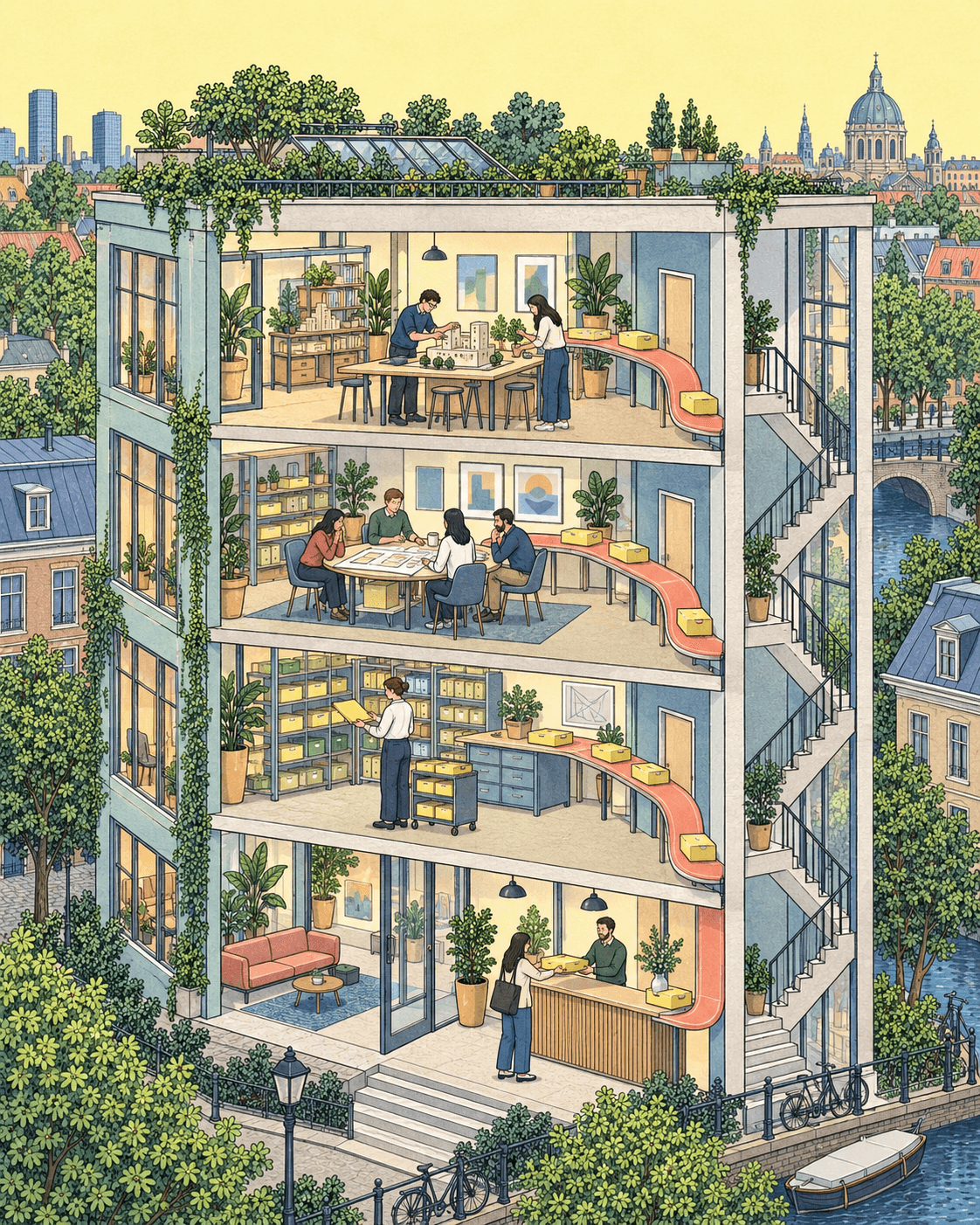 An illustrated canal-side studio in cutaway: a reception, shared archives, a team making decisions, and people building together on the top floor.