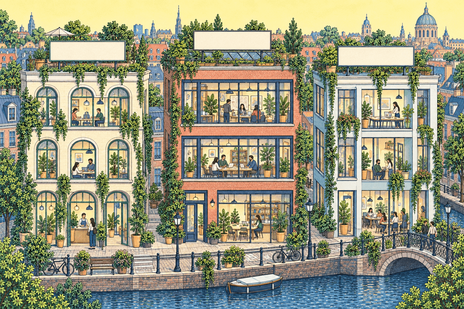 Three planted office buildings along a canal, with people working inside and company signs on the rooftops.