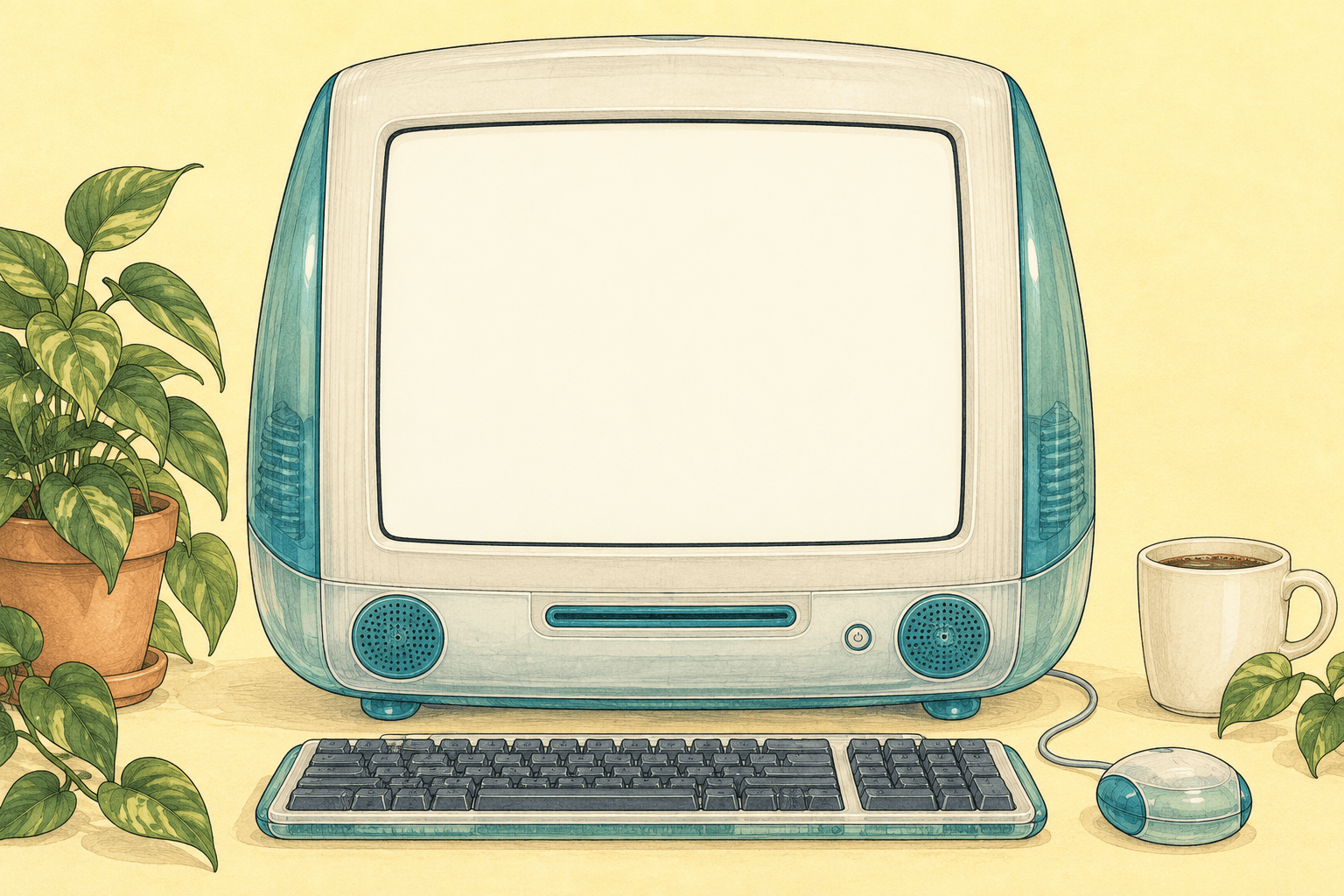An illustrated vintage teal iMac, with a matching keyboard, a leafy plant and a cup of coffee.