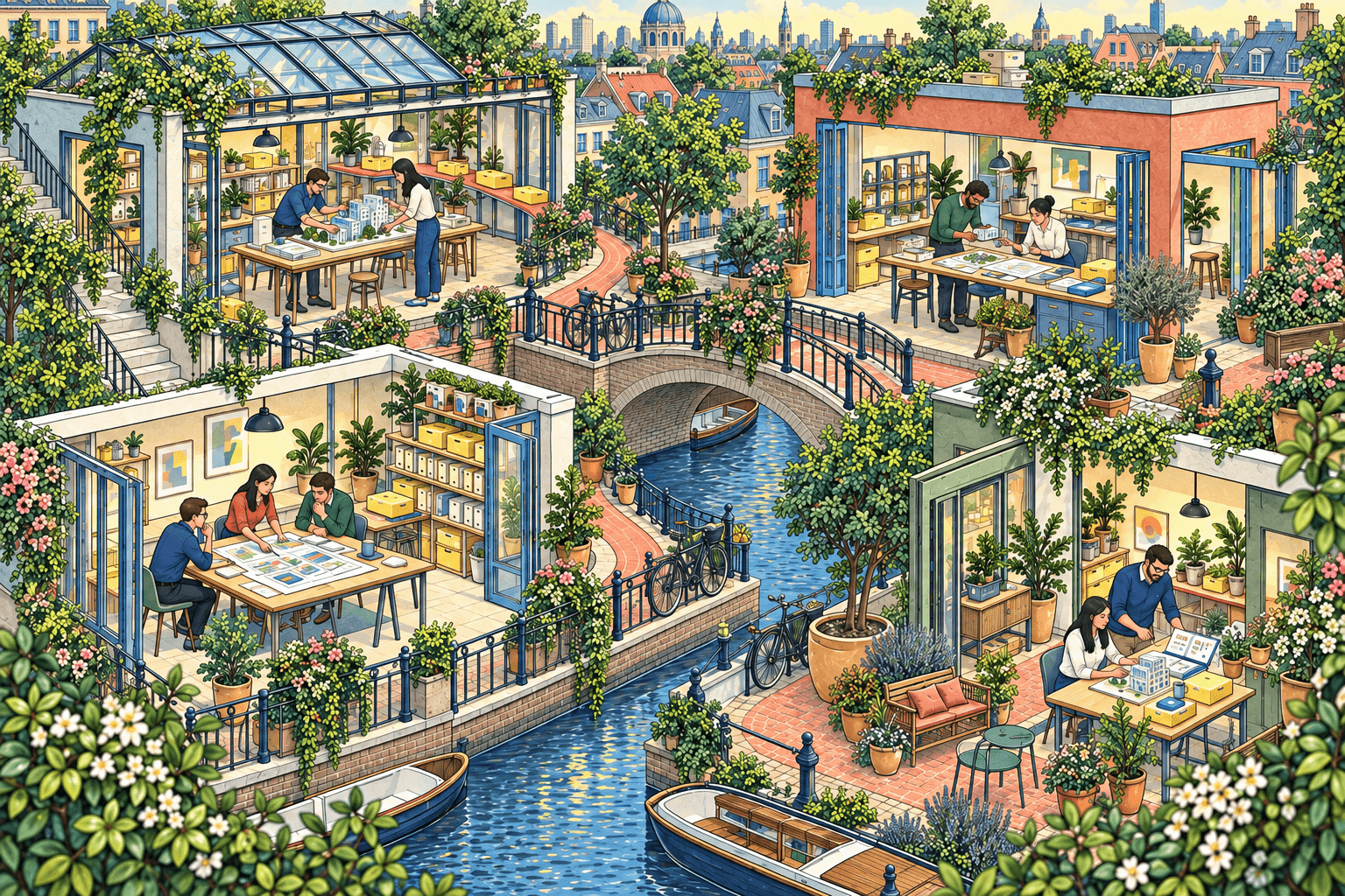 Four open studios around a leafy canal: a team maps the work, colleagues build a model, reviewers check the details, and a teammate learns to run it.