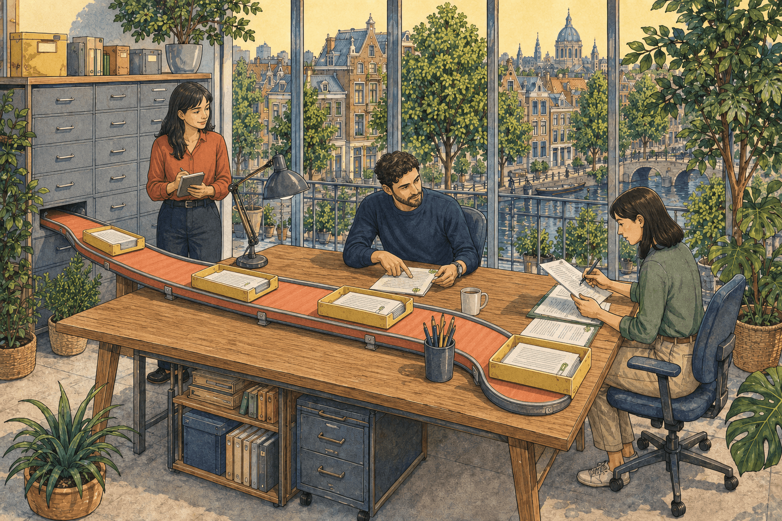 The same three colleagues in the same studio. A coral conveyor brings source folders from the cabinet to their desk. They discuss the material while the reviewer still checks the answer with a pen.
