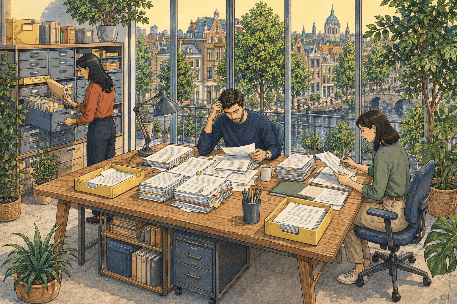 In a canal-side studio, one colleague searches filing drawers, another compares piles of loose pages, and a third checks a reply with a pen.